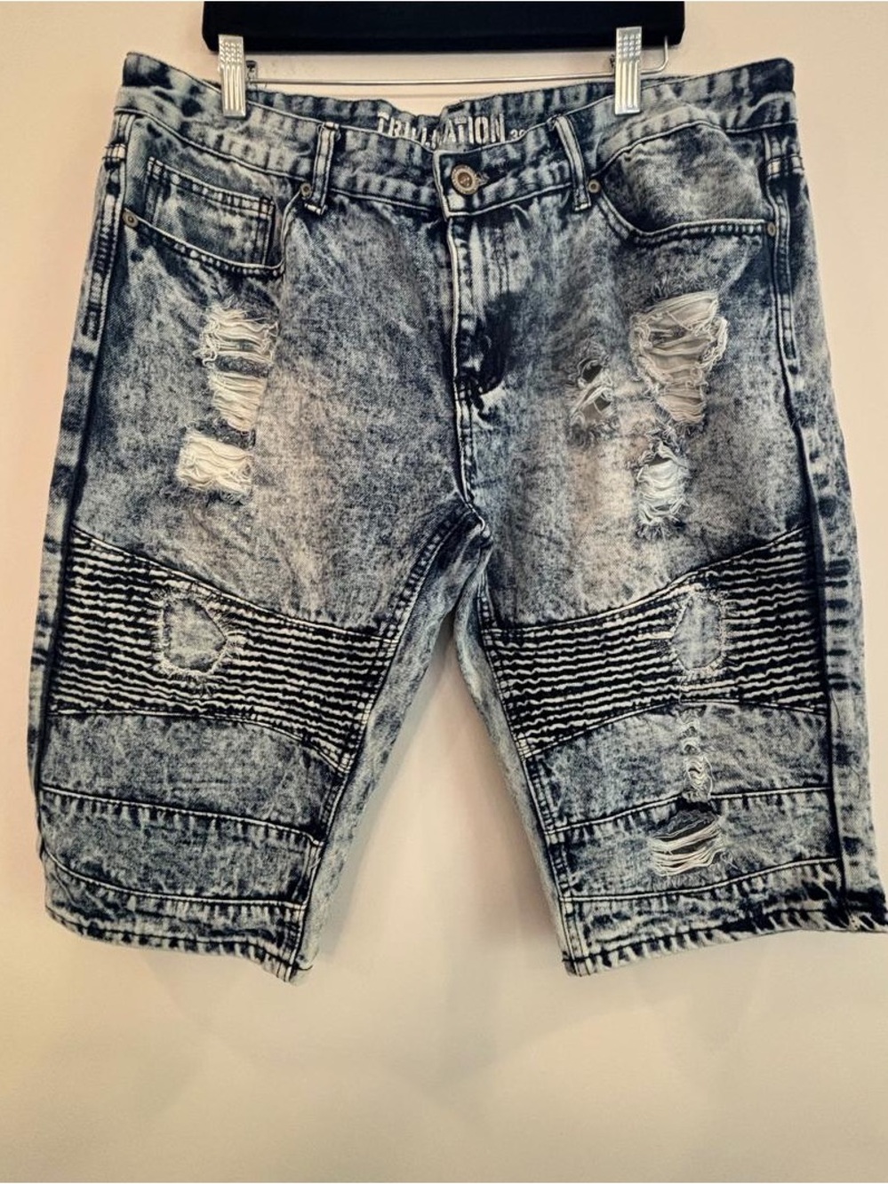 Trillnation Men's Biker Denim Shorts Size 38 Acid Wash Distressed Moto Jean